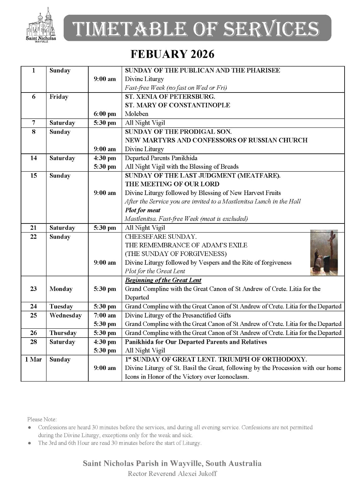 February Service Schedule in English