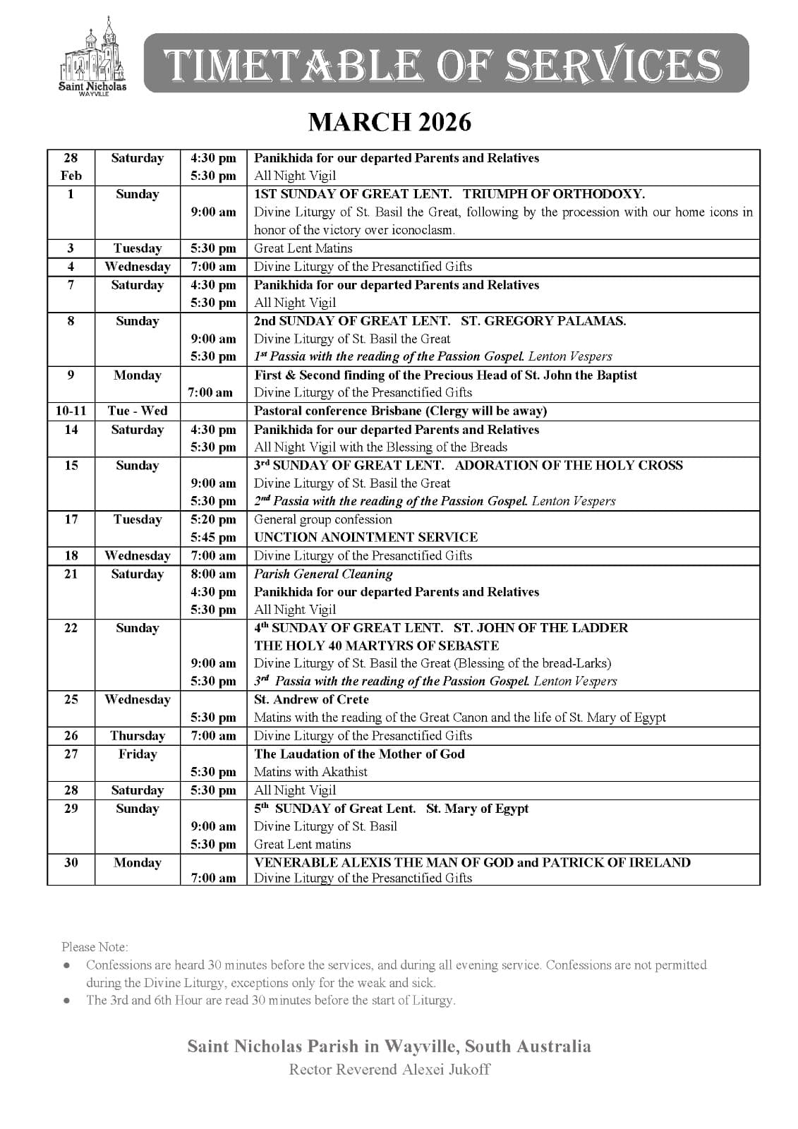 March Service Schedule in English